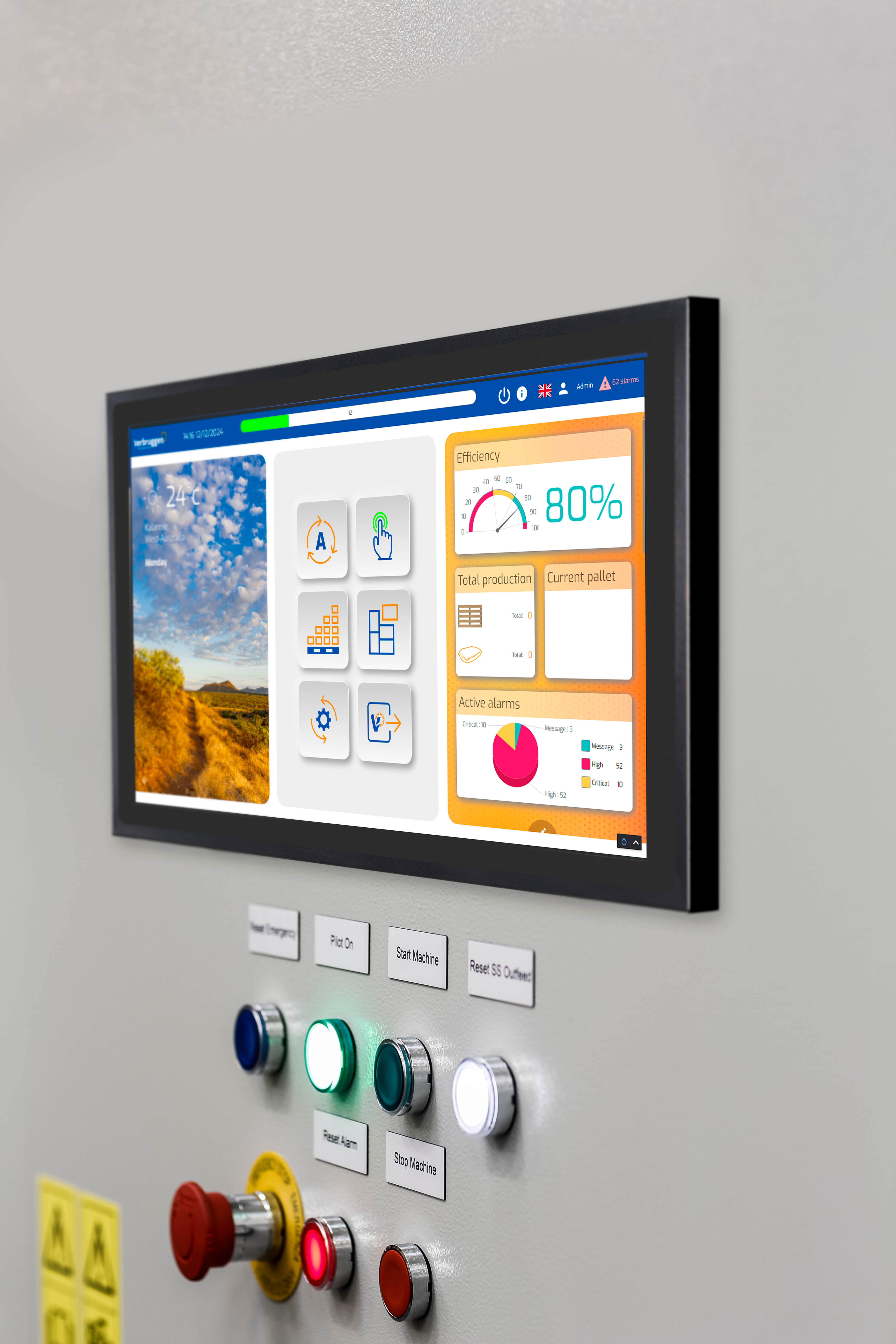 Industrial touchscreen HMI panel mounted on a control cabinet, displaying the Verbruggen palletizing dashboard with a weather widget, automation control icons, an 80% efficiency gauge, total production and current pallet counters, and an active alarms pie chart. Below the screen, labeled pilot lights and pushbuttons (Reset Emergency, Pilot On, Start Machine, Reset SS Outfeed) are mounted on the panel.